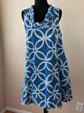Global Mamas Organic Cotton Blue White Dress Handmade Ghana XL Sleeveless